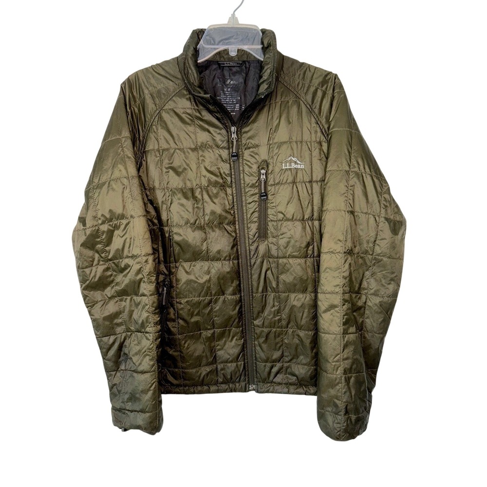 LL Bean Mens Primaloft Packaway Jacket Olive Green Quilted Puffer Medium Reg